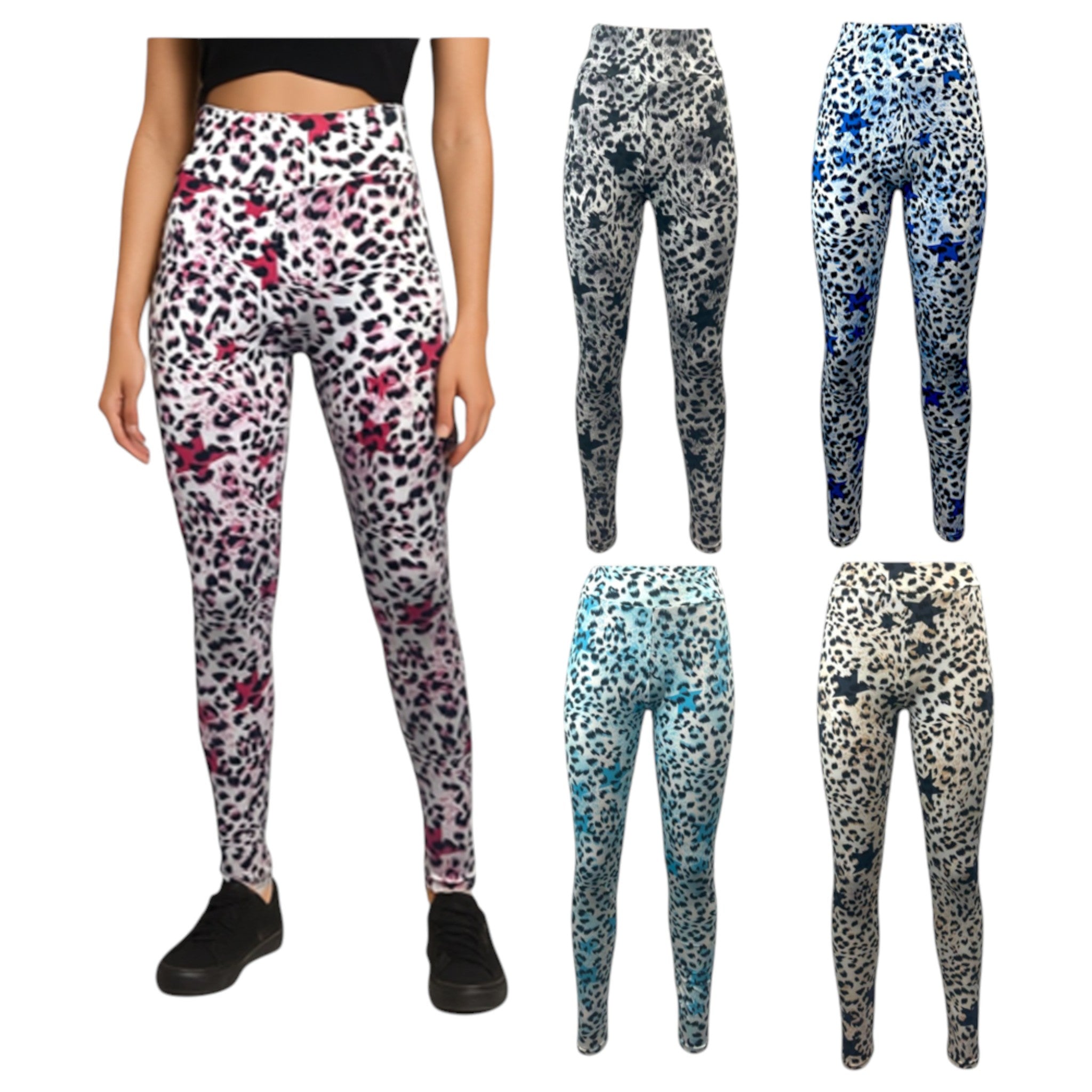 Women's high-waisted leopard print leggings in assorted colours including pink, black, blue and beige – stretchy gym or casual wear